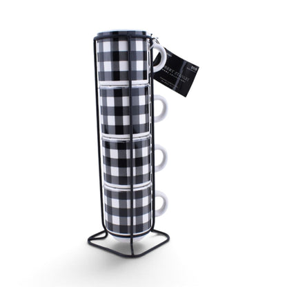 Black and White Buffalo Plaid Espresso Mugs - Set of 4 with Display Stand