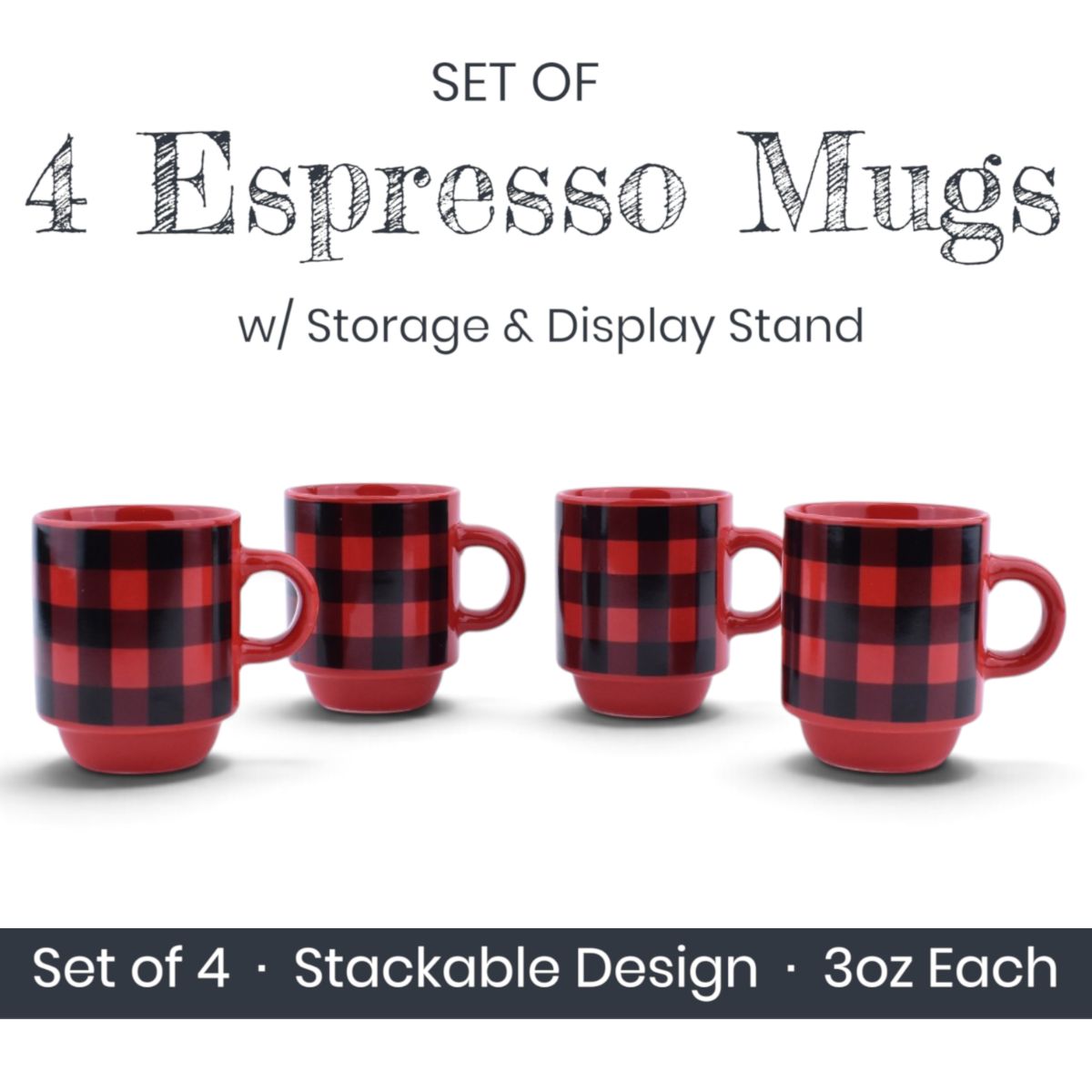 Red and Black Buffalo Plaid Espresso Mugs - Set of 4 with Display Stand