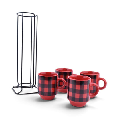 Red and Black Buffalo Plaid Espresso Mugs - Set of 4 with Display Stand