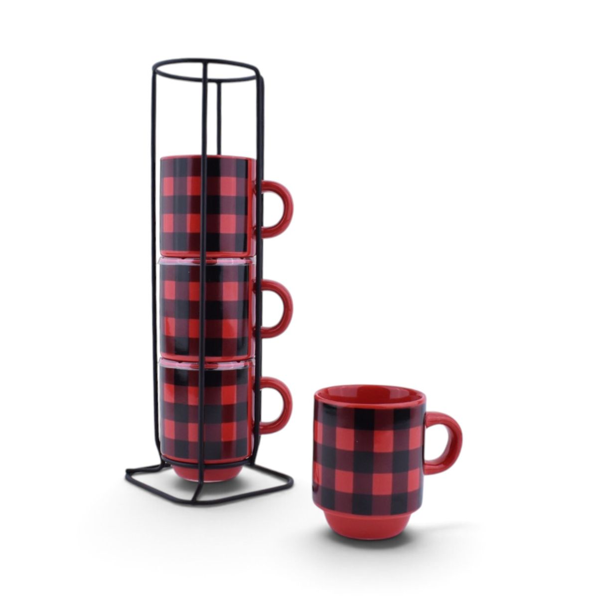 Red and Black Buffalo Plaid Espresso Mugs - Set of 4 with Display Stand