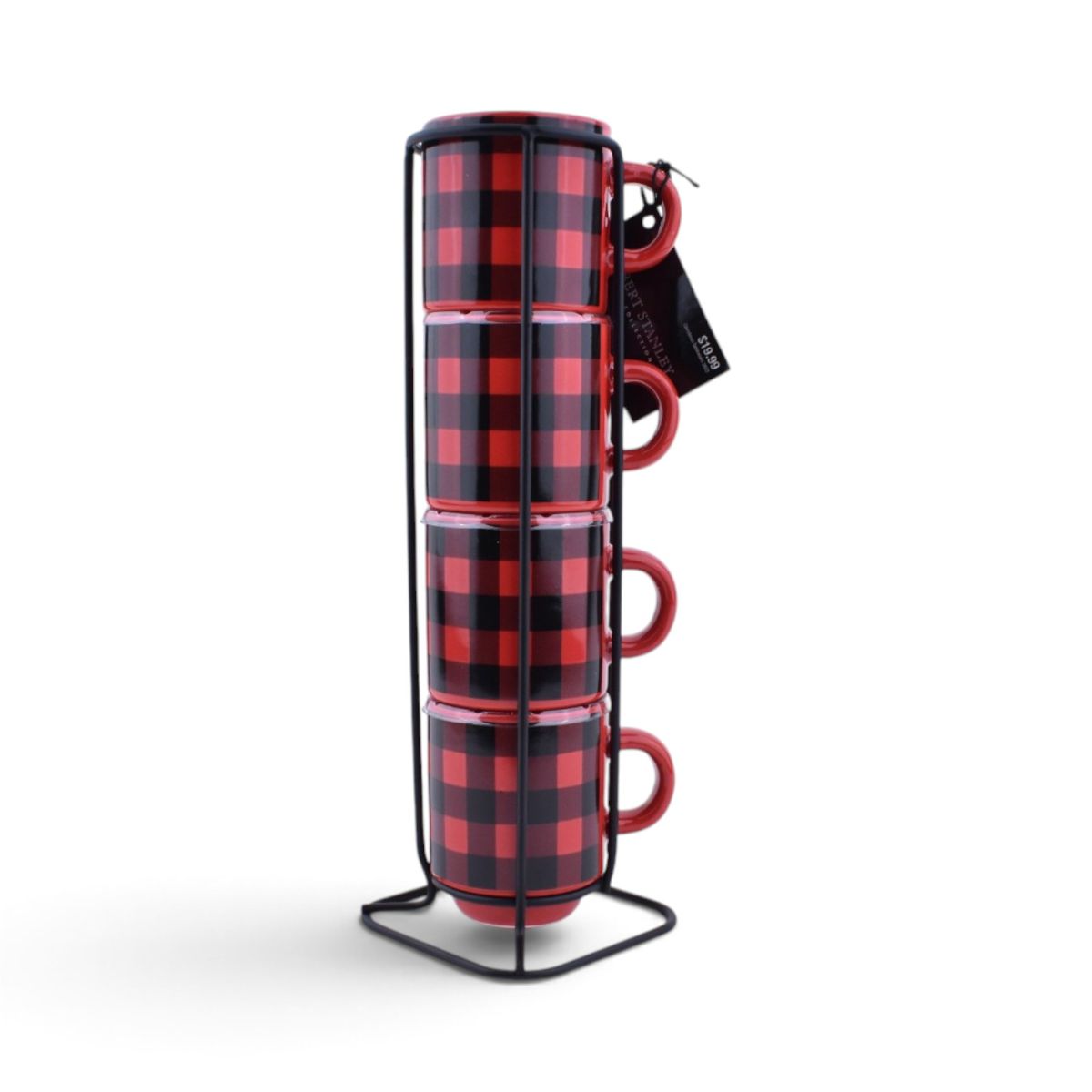Red and Black Buffalo Plaid Espresso Mugs - Set of 4 with Display Stand
