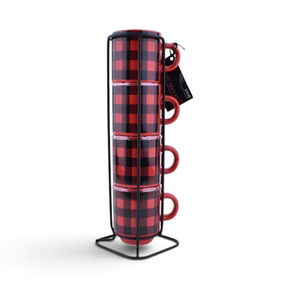 Red and Black Buffalo Plaid Espresso Mugs - Set of 4 with Display Stand