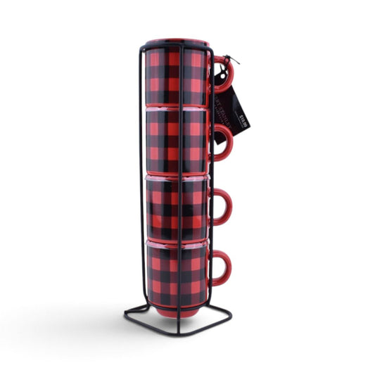 Red and Black Buffalo Plaid Espresso Mugs - Set of 4 with Display Stand