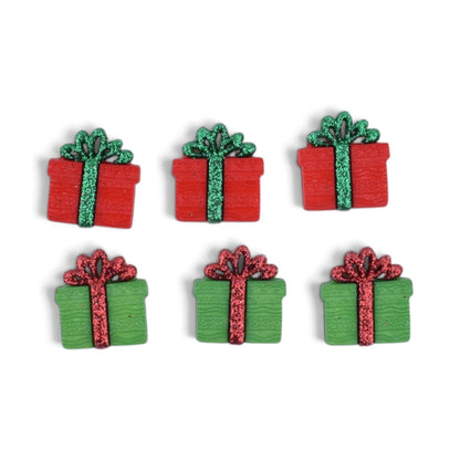 Christmas Gift Present Buttons, Red and Green, 6 Pieces