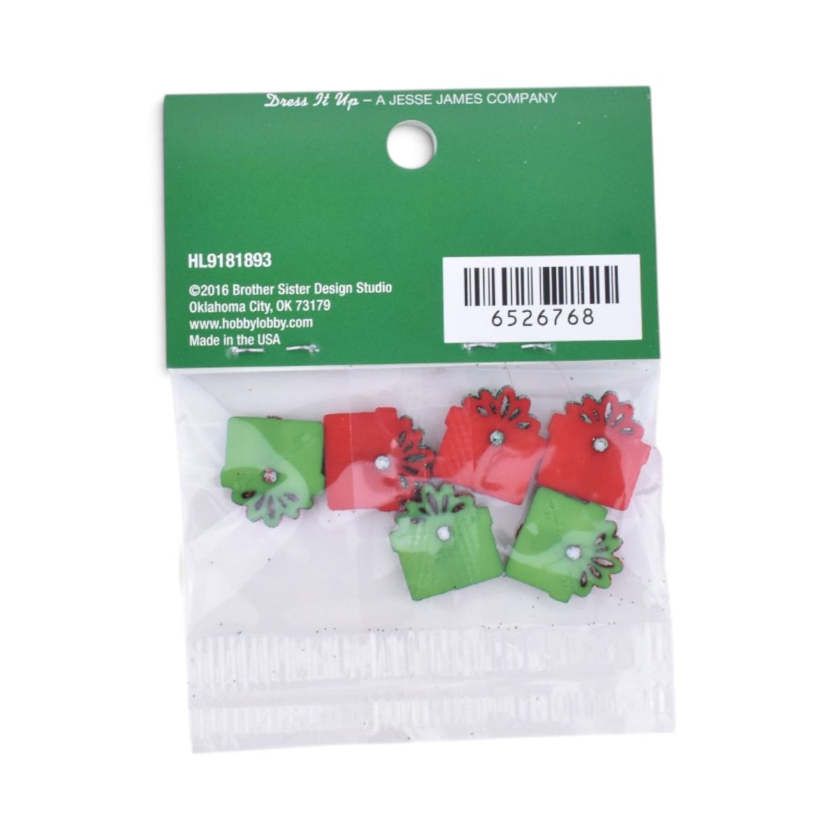 Christmas Gift Present Buttons, Red and Green, 6 Pieces