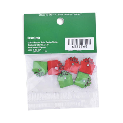 Christmas Gift Present Buttons, Red and Green, 6 Pieces