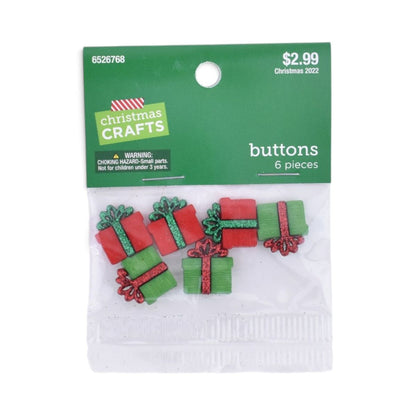 Christmas Gift Present Buttons, Red and Green, 6 Pieces