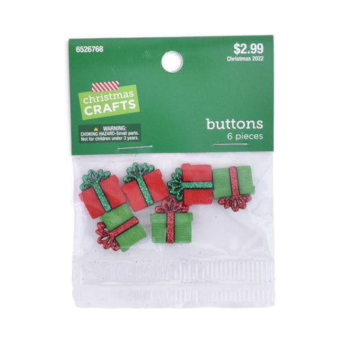 Christmas Gift Present Buttons, Red and Green, 6 Pieces