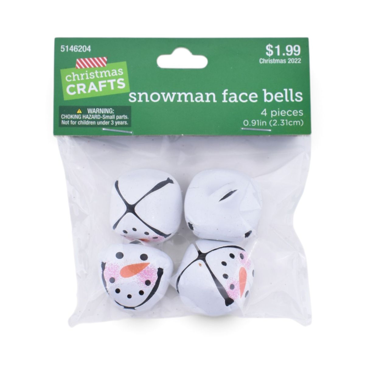 Snowman Face Bells, White, 4 Pieces