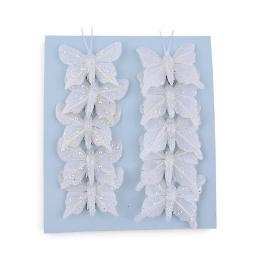 White Glitter Butterfly Clip Ornaments, 10 pc