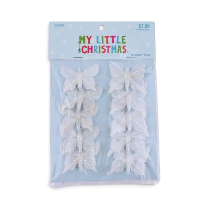 White Glitter Butterfly Clip Ornaments, 10 pc