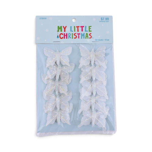 White Glitter Butterfly Clip Ornaments, 10 pc