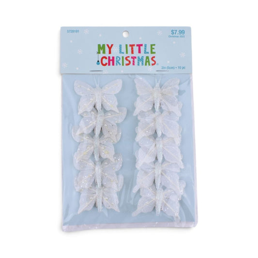 White Glitter Butterfly Clip Ornaments, 10 pc