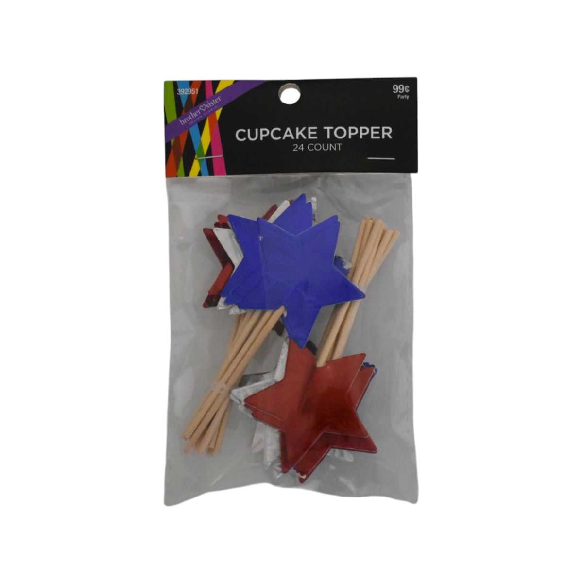 Star Cupcake Toppers, Red, Silver and Blue, 24 Count