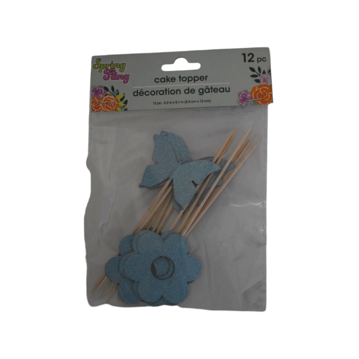 Blue Flower and Butterfly Cake Topper, 12 Piece Set
