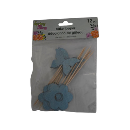 Blue Flower and Butterfly Cake Topper, 12 Piece Set