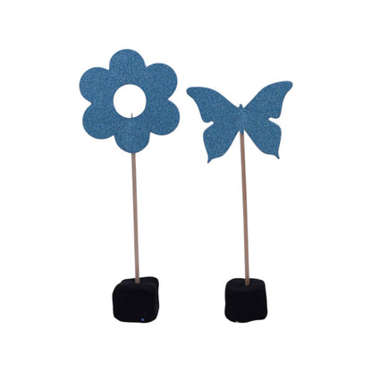 Blue Flower and Butterfly Cake Topper, 12 Piece Set