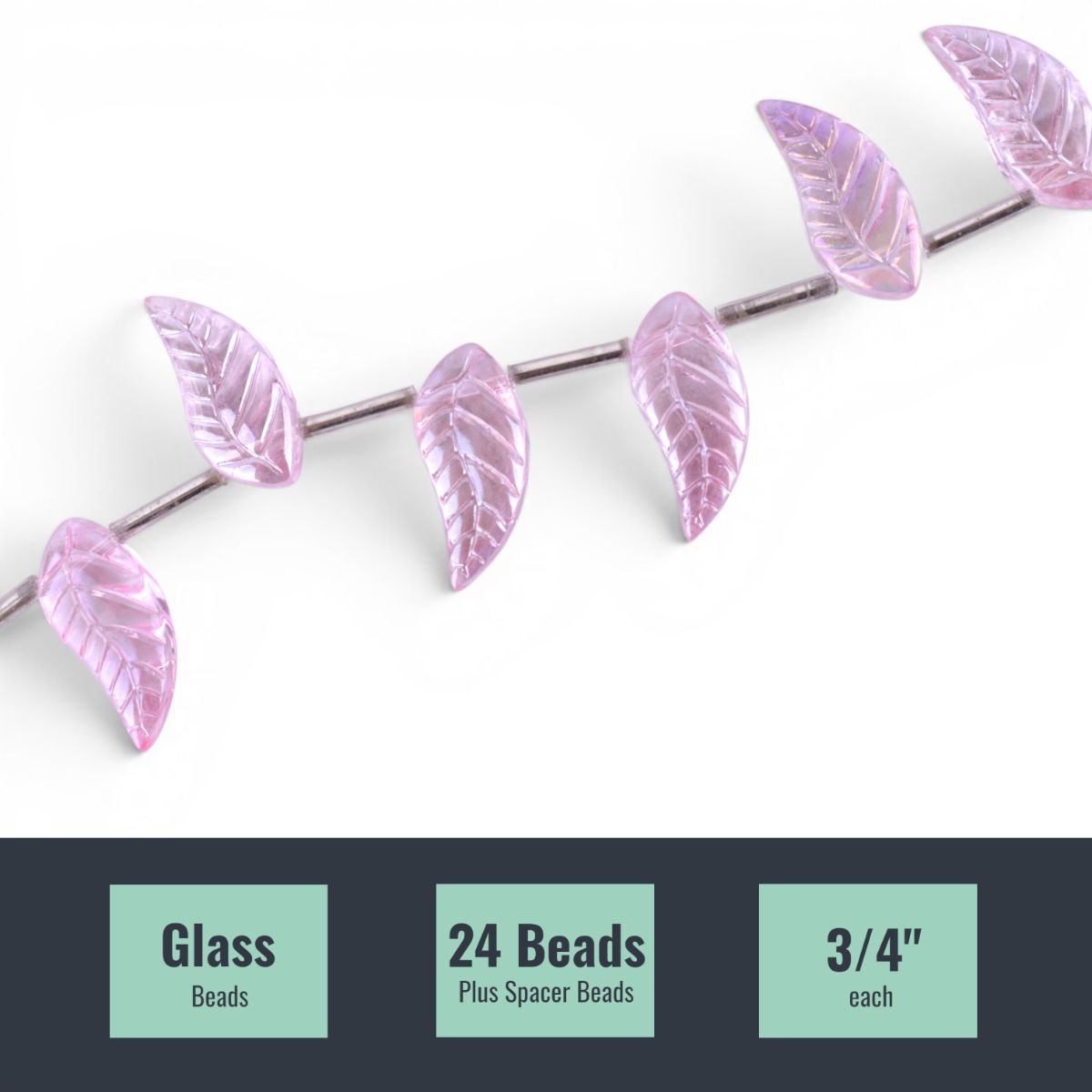 Pink Glass Leaf Beads, 24 pcs