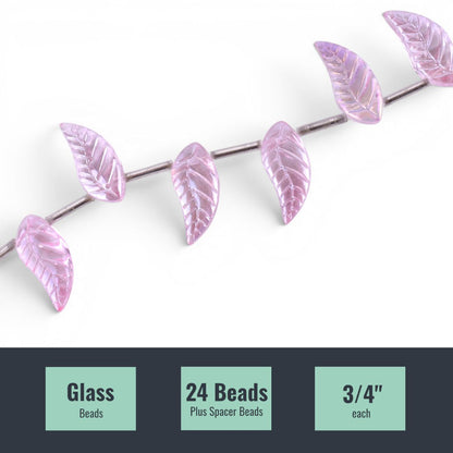 Pink Glass Leaf Beads, 24 pcs
