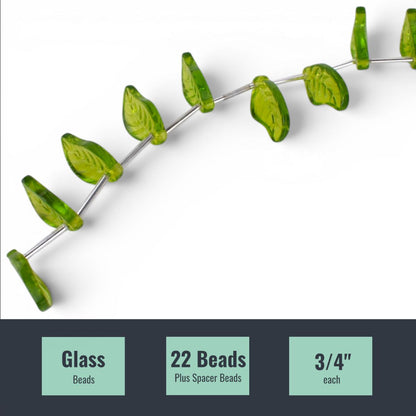 Green Glass Leaf Beads, 24 pcs
