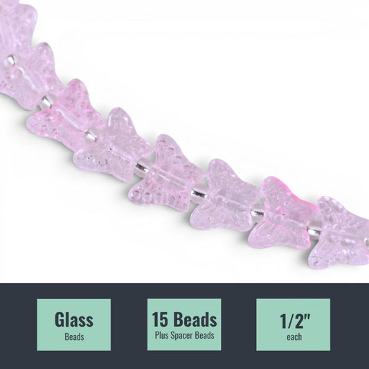 Pink Glass Butterfly Beads, 15 pcs