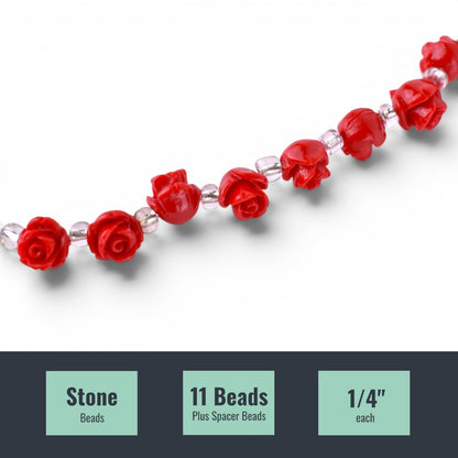 Red Rose Flower Beads, 11 pcs