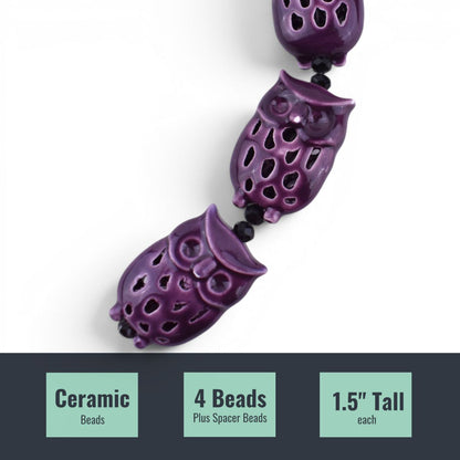 Purple Owl Ceramic Beads, Set of 4