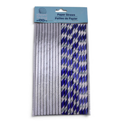 Shore Living Paper Straws, Blue and Silver, 15 Count