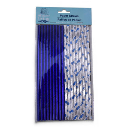 Shore Living Paper Straws, Blue and Silver, 15 Count