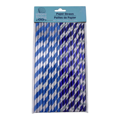 Shore Living Paper Straws, Blue and Silver, 15 Count