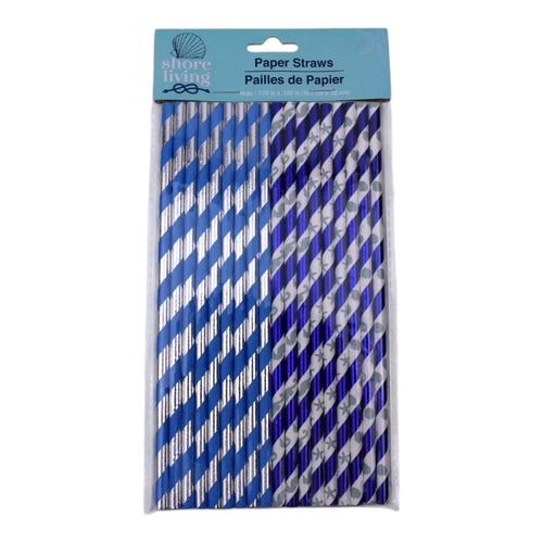 Shore Living Paper Straws, Blue and Silver, 15 Count
