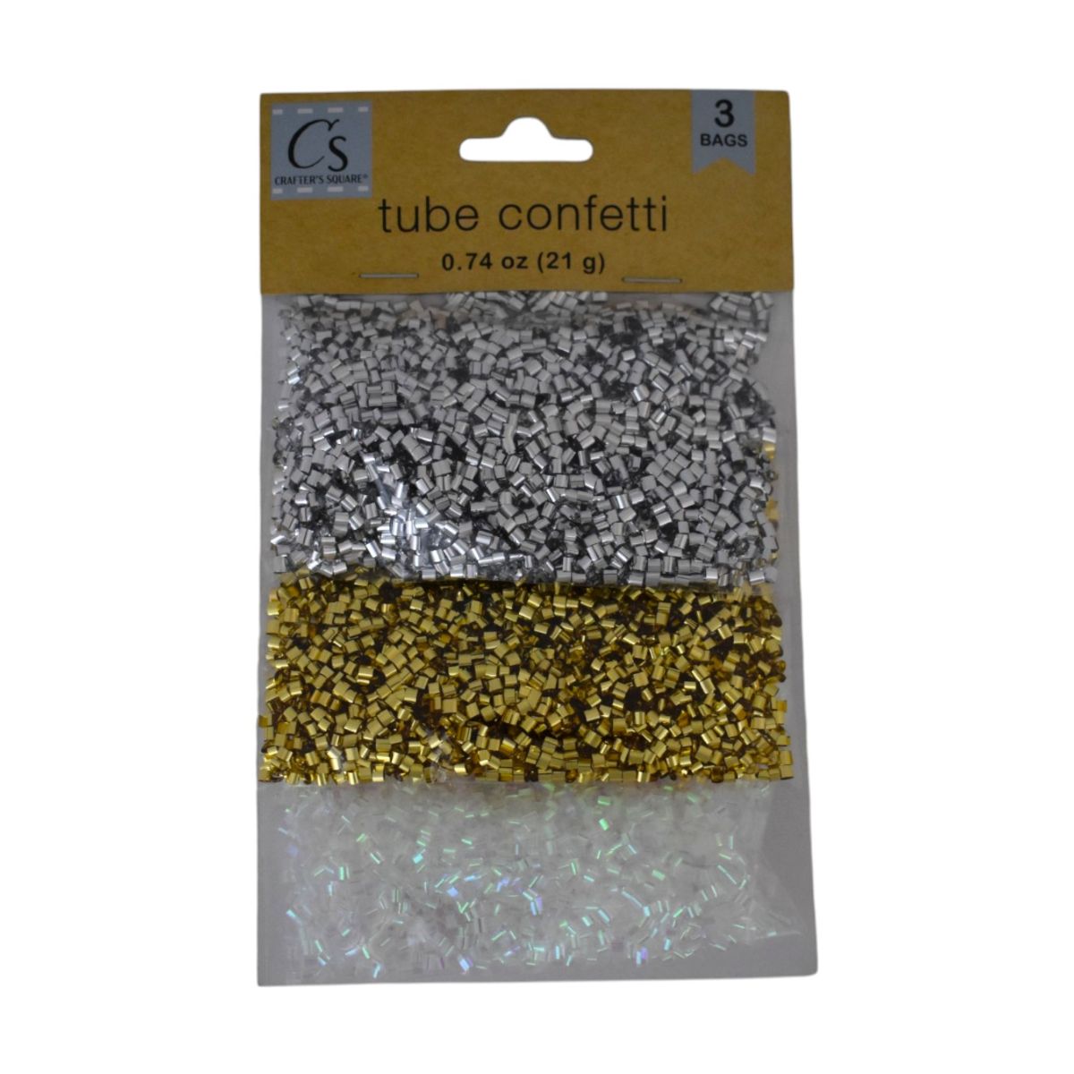 Tube Confetti, Silver Gold Clear, 3 Bags