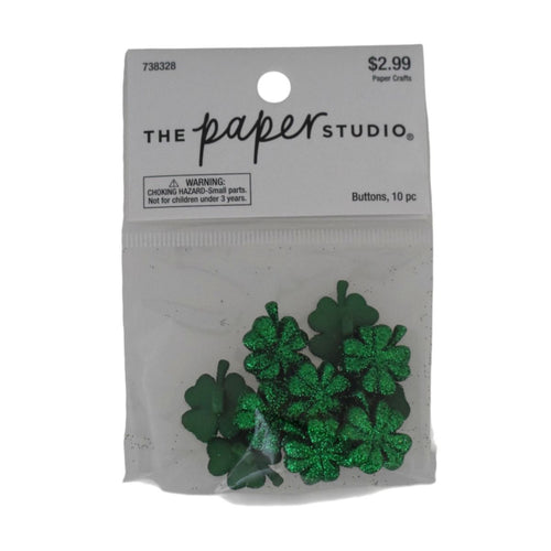 The Paper Studio Green Glitter Four-Leaf Clover Buttons, 10 Piece