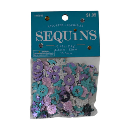 Sequins Assorted Seashells in Purple and Teal, 0.42oz