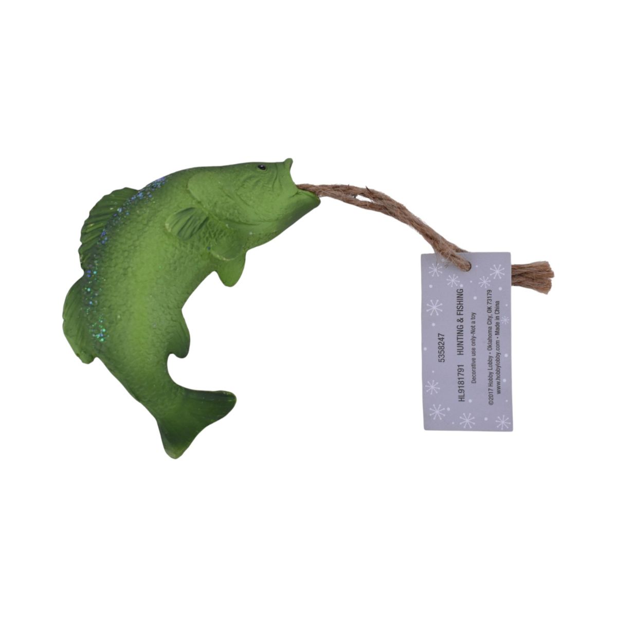 Green Bass Fish Ornament on Jute Cord