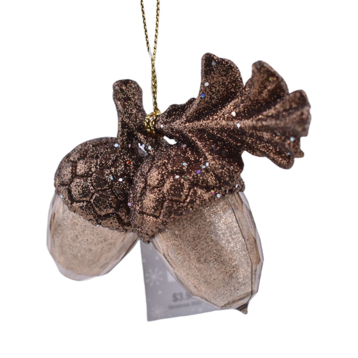 Glitter Double Acorn With Oak Leaf Ornament in Brown and Bronze