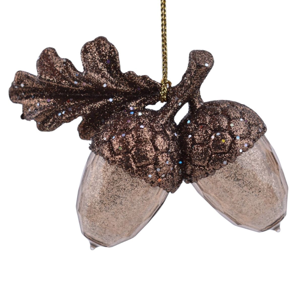 Glitter Double Acorn With Oak Leaf Ornament in Brown and Bronze