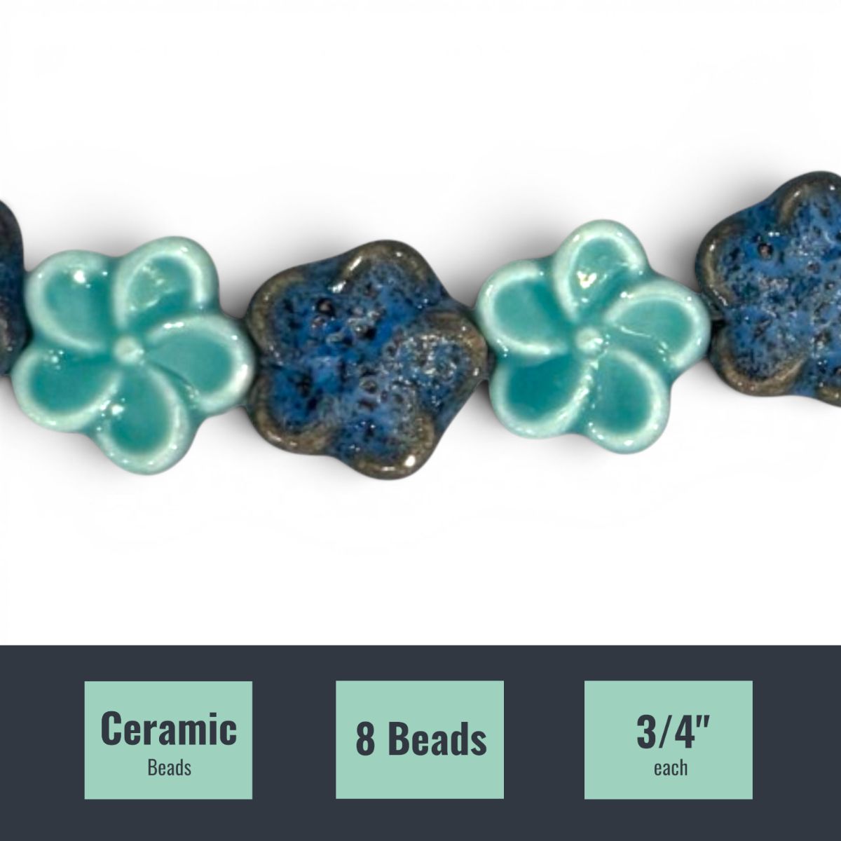 Aqua Ceramic Flower Mix Beads, 8 pcs