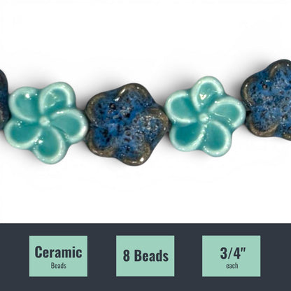 Aqua Ceramic Flower Mix Beads, 8 pcs