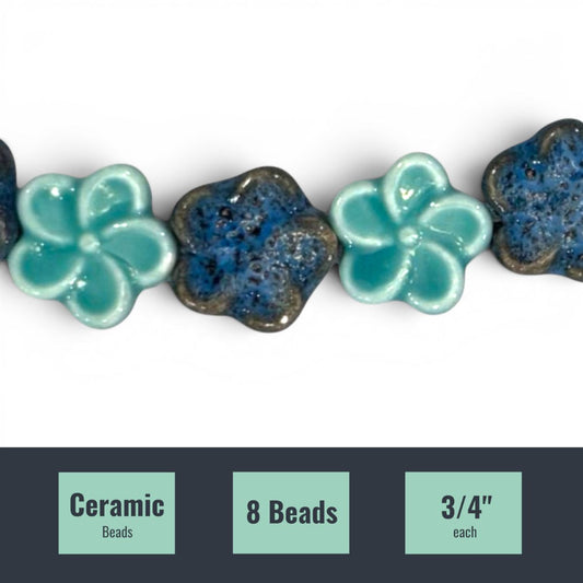 Aqua Ceramic Flower Mix Beads, 8 pcs