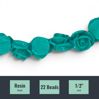 Teal Rose Resin Beads, 22 pc