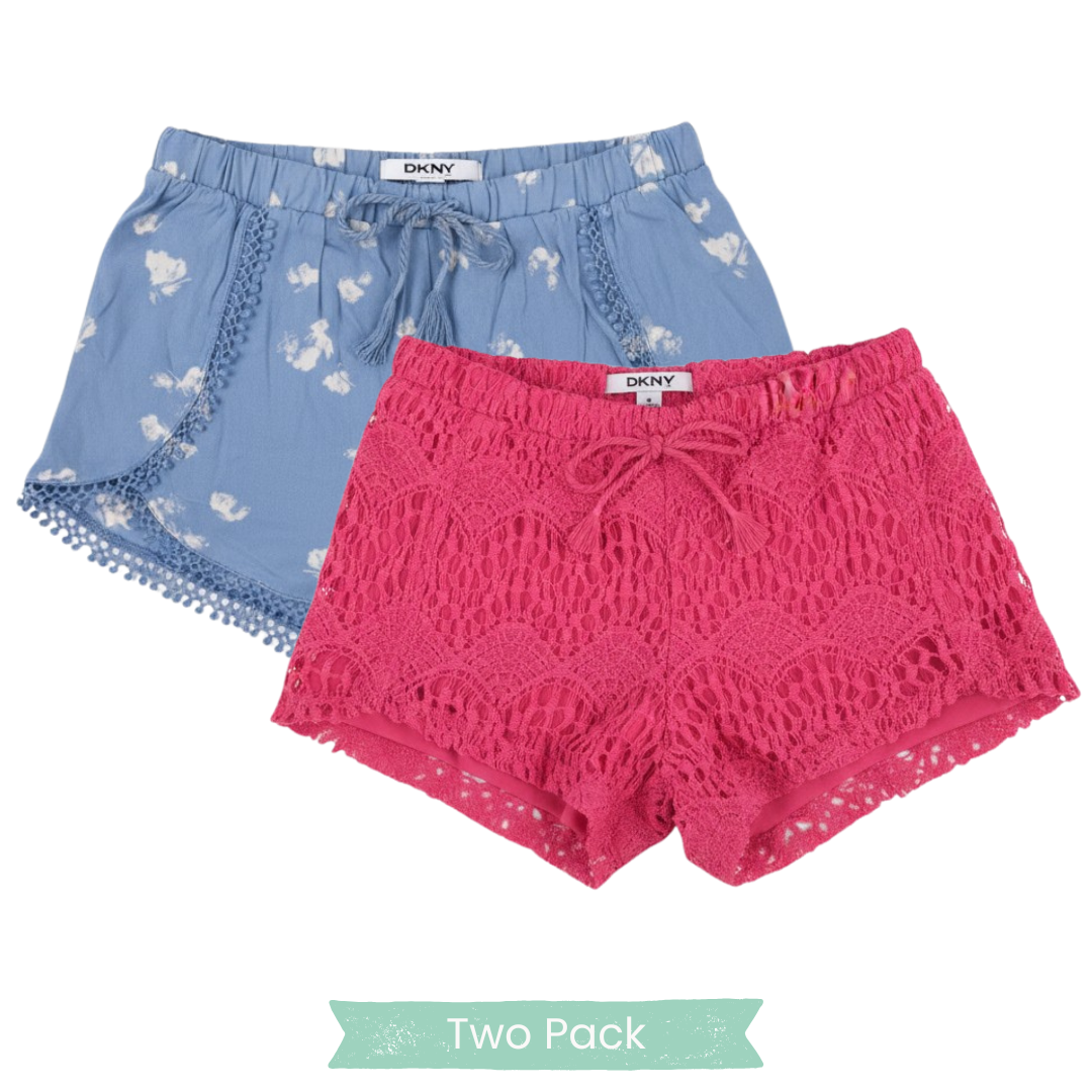 DKNY Girls’ 2-Pack Shorts Set – Blue Pom Trim & Pink Lace