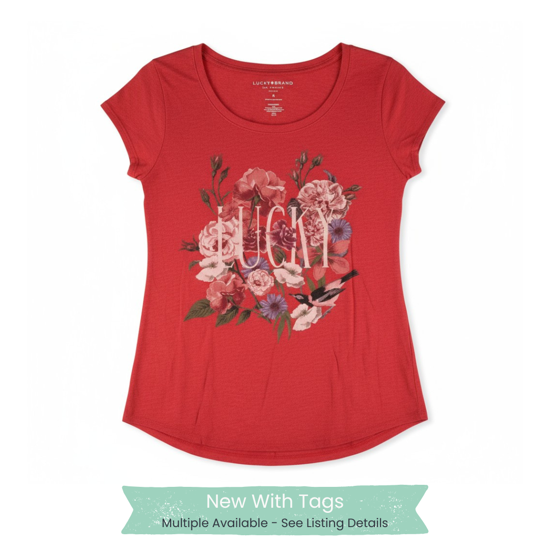 Lucky Brand Red Floral “Lucky” Graphic Tee