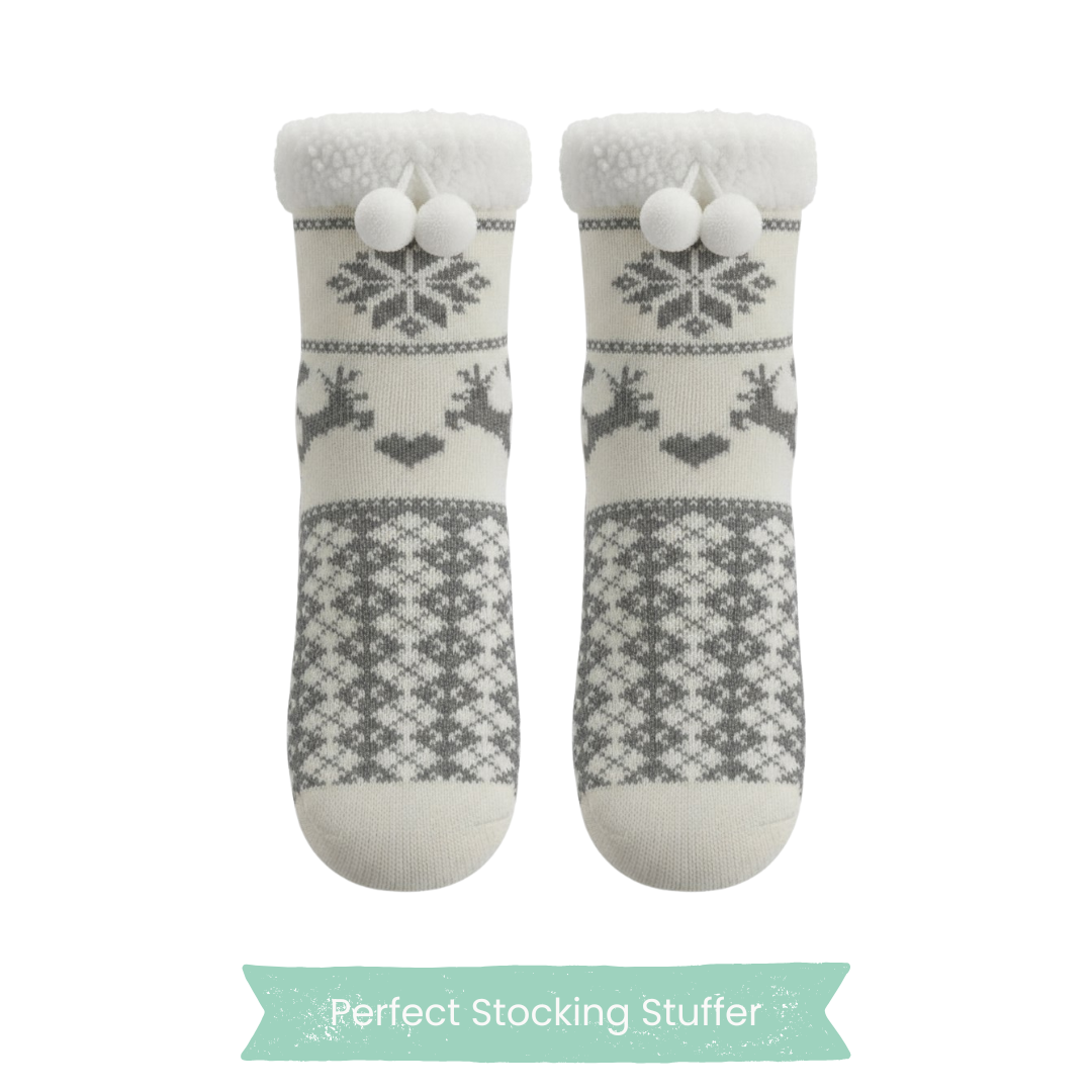 Charter Club Sherpa-Lined Reindeer Slipper Socks – Gray & White - Size S/M