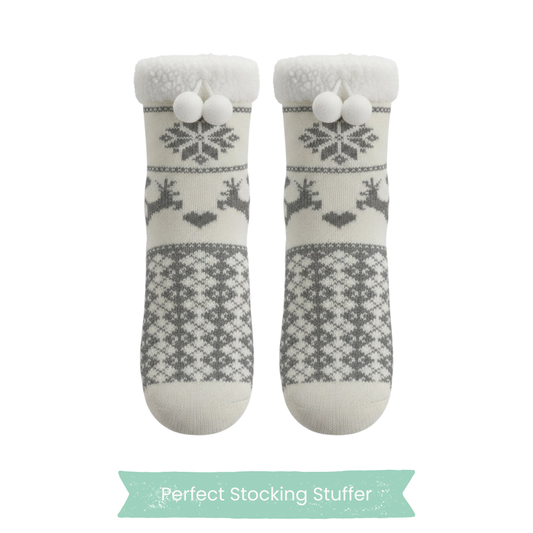 Charter Club Sherpa-Lined Reindeer Slipper Socks – Gray & White - Size S/M