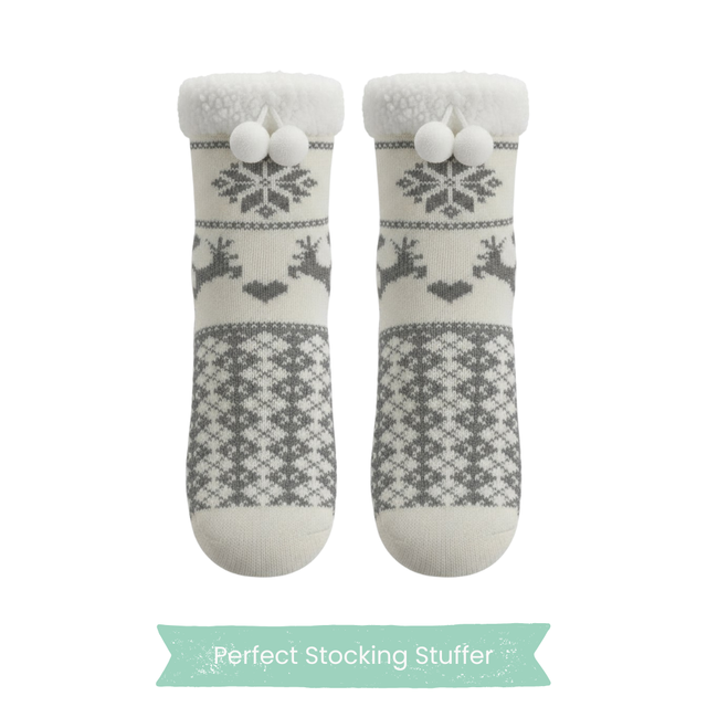 Charter Club Sherpa-Lined Reindeer Slipper Socks – Gray & White - Size S/M