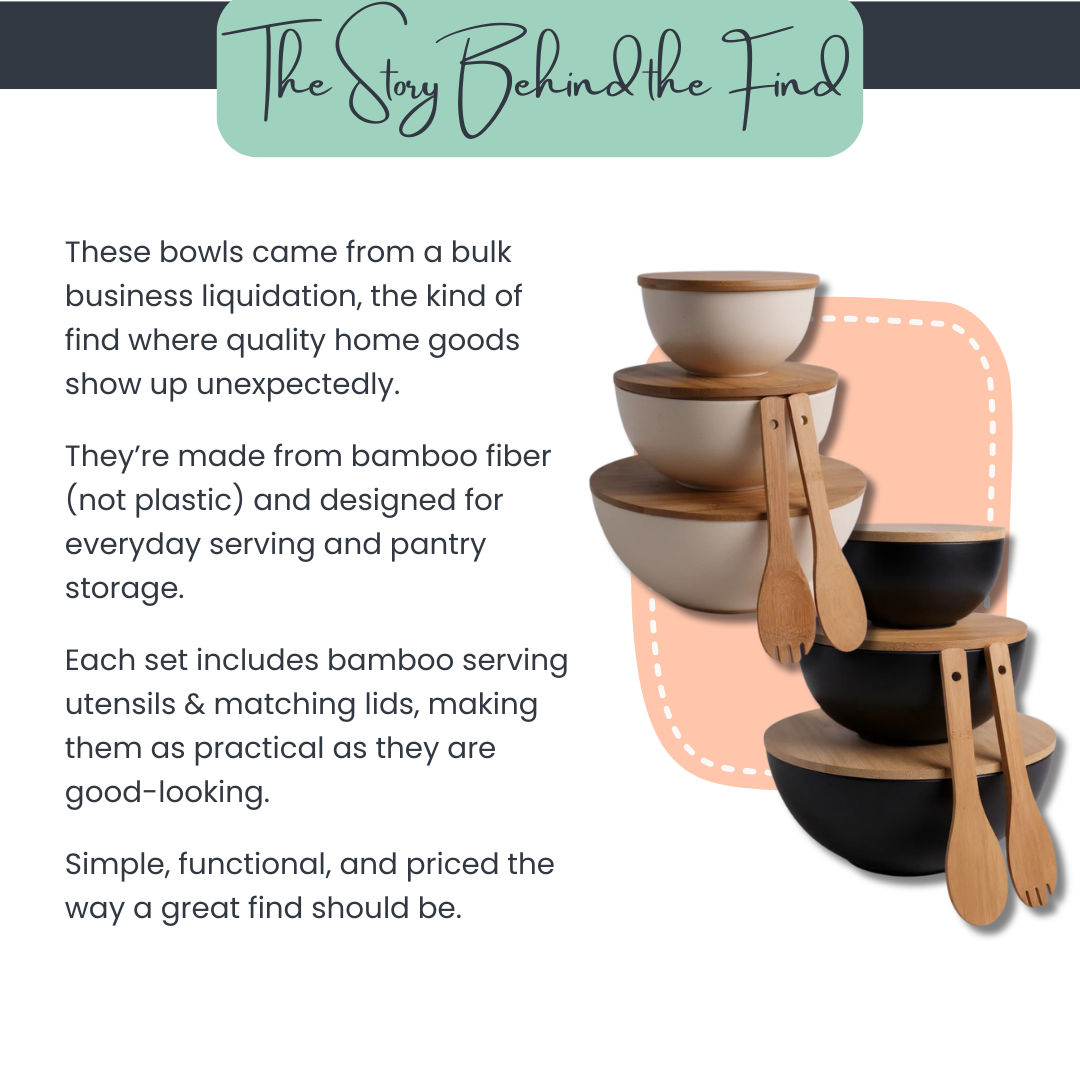 Bamboo Serving Bowl Set with Cutting Board Lids – (3 Bowls + Utensils)