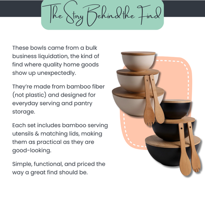 Bamboo Serving Bowl Set with Cutting Board Lids – (3 Bowls + Utensils)