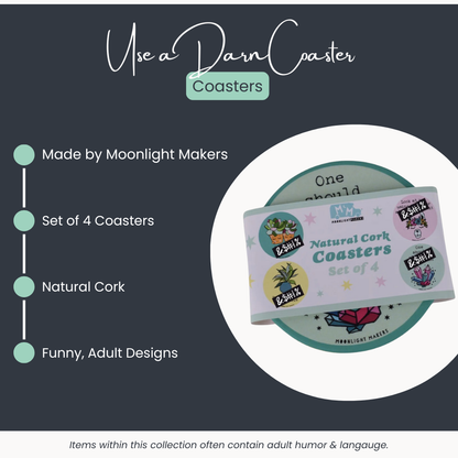 Moonlight Makers Funny Natural Cork Coasters – Set of 4