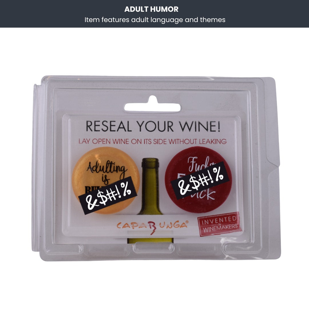 Capabunga Reusable Wine Bottle Caps – Set of 2 (Adult Humor Designs)